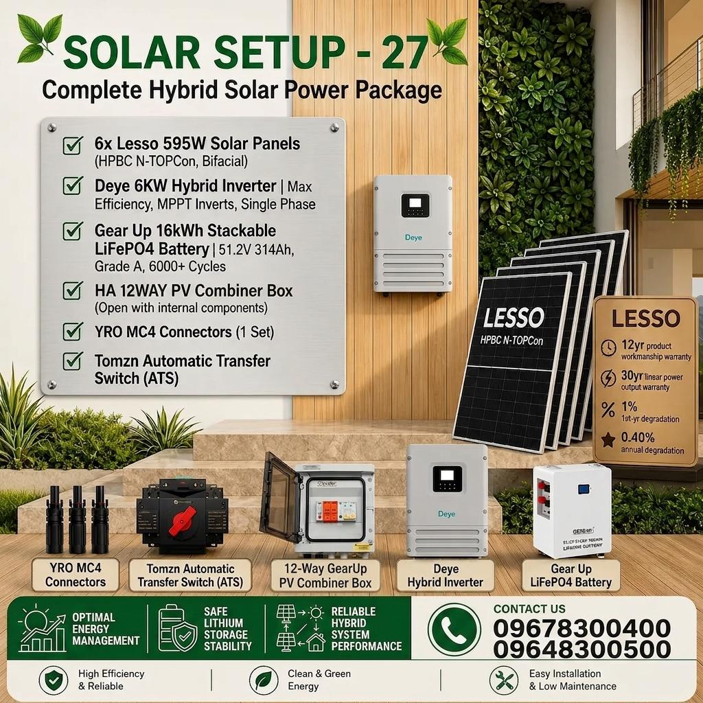 6KW Hybrid Solar Power Package | Deye 6KW Inverter with GearUP 16KWh Battery & Lesso 595W 6 pcs Panels (Solar Setup - 27)