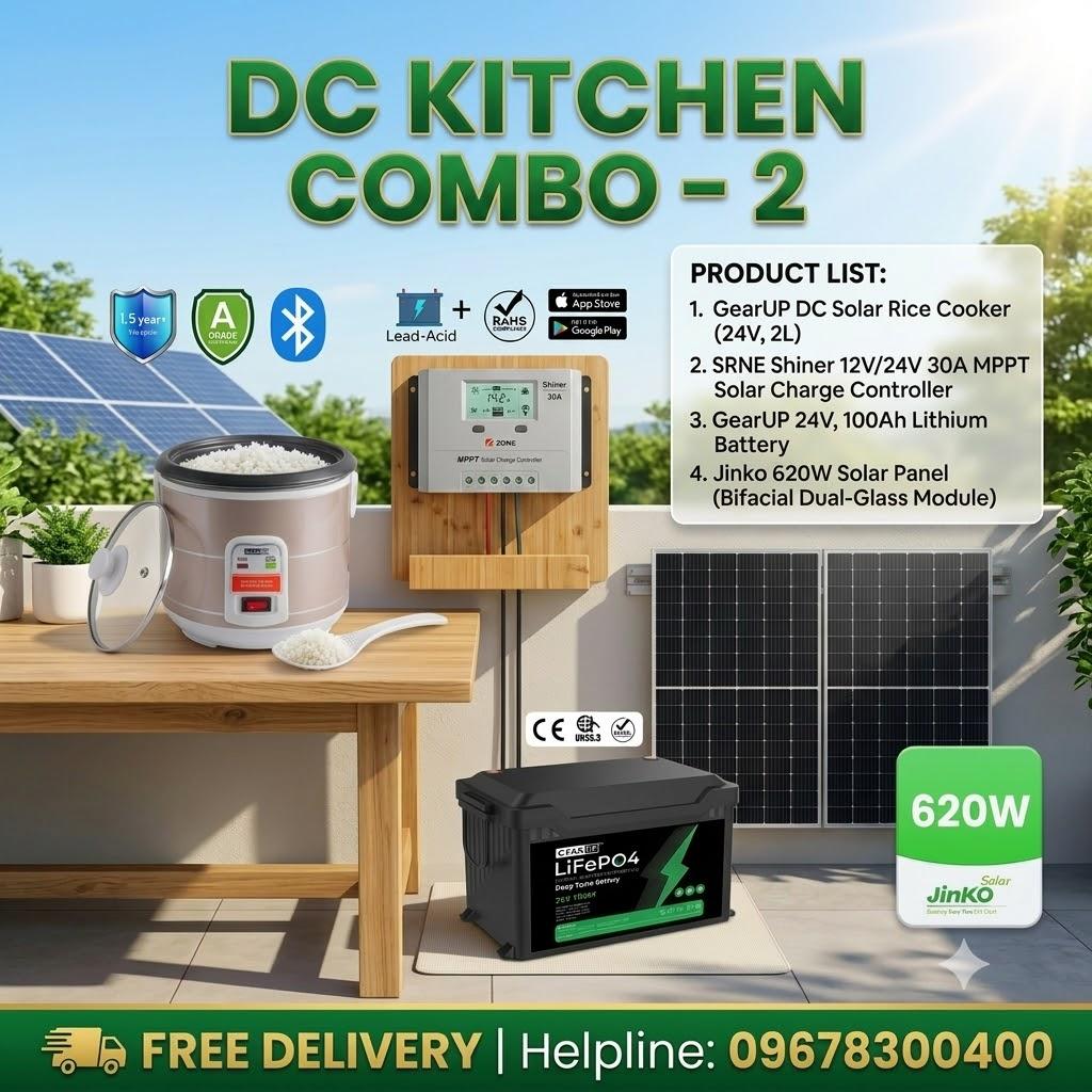 DC Solar Kitchen Combo -2 | GearUP 24V Rice Cooker, GearUP 24V 100Ah LiFePO4 Battery, Jinko 620W 1pcs Panel & SRNE SRNE Shiner 12V/24V 30A MPPT Controller