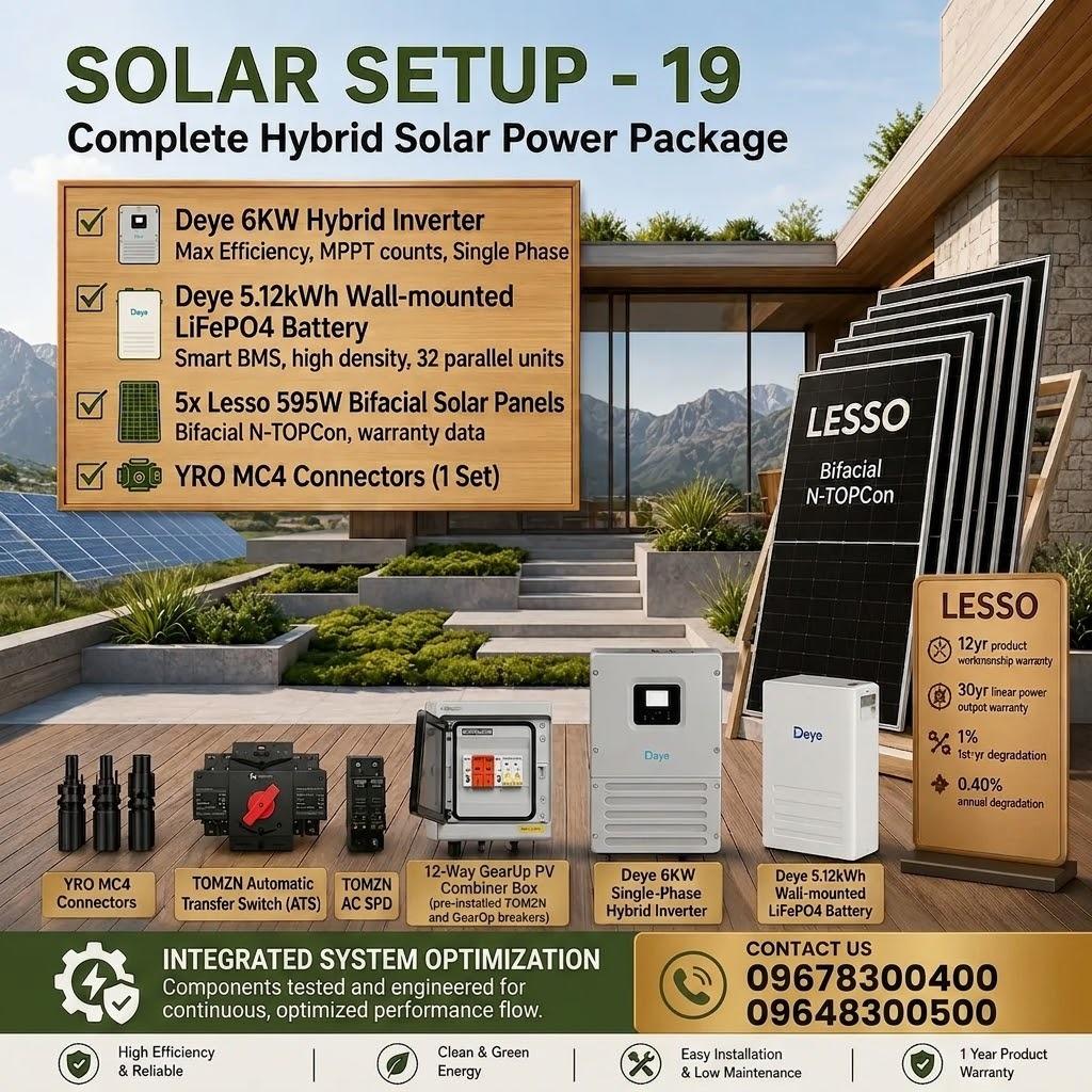 6KW Hybrid Solar Power Package | Deye Inverter with Deye 5KWh Battery & Lesso 595W 5 pcs Panels (Solar Setup - 19)