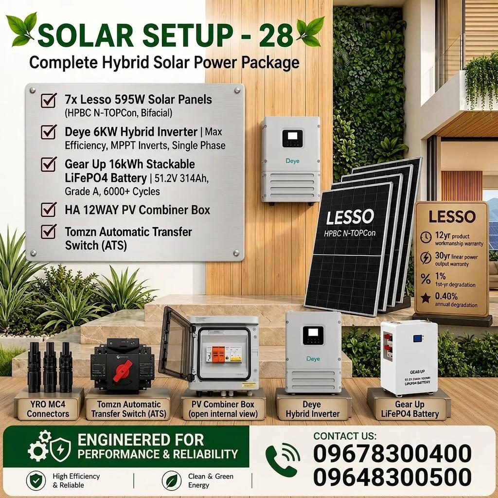 6KW Hybrid Solar Power Package | Deye 6KW Inverter with GearUP 16KWh Battery & Lesso 595W 7 pcs Panels (Solar Setup - 28)