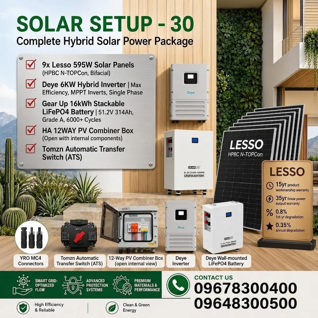 6KW Hybrid Solar Power Package | Deye 6KW Inverter with GearUP 16KWh Battery & Lesso 595W 9 pcs Panels (Solar Setup - 30)